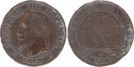 France 2 Centimes Napoléon III - Tête laurée - 1862 BB Strasbourg