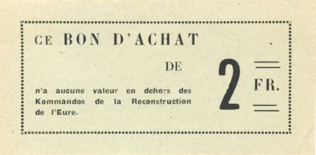 France 2 Francs - Bon des Kommandos de la Reconstruction de l\'Eure - SPL