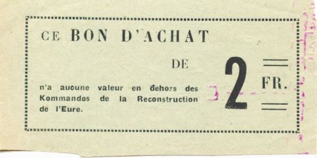France 2 Francs - Bon des Kommandos de la Reconstruction de l\'Eure - SUP