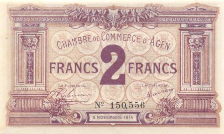 France 2 Francs - Chambre de Commerce d\'Agen 05-11-1914 - SPL
