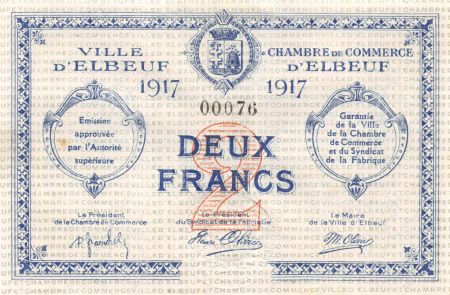 France 2 Francs - Chambre de Commerce d\'Elbeuf  1917 - P.NEUF
