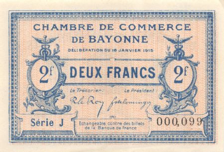 France 2 Francs - Chambre de Commerce de Bayonne 1915 - SPL