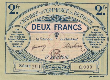 France 2 Francs - Chambre de Commerce de Béthune - 17-04-1916 - Série 291