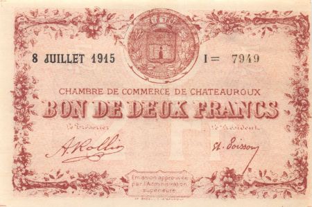France 2 Francs - Chambre de Commerce de Châteauroux 1915 - P.NEUF