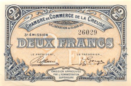 France 2 Francs - Chambre de Commerce de la Creuse 1917 - SPL