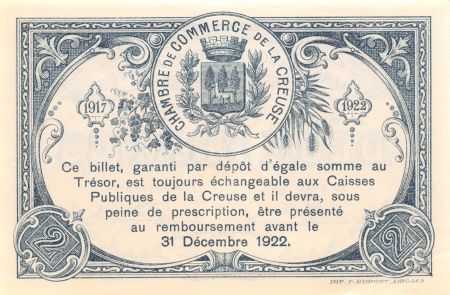 France 2 Francs - Chambre de Commerce de la Creuse 1917 - SPL
