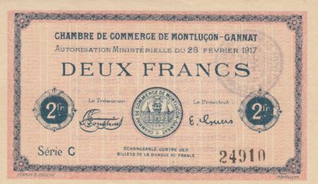 France 2 Francs - Chambre de Commerce de Montluçon-Gannat 1917 - P.NEUF