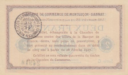 France 2 Francs - Chambre de Commerce de Montluçon-Gannat 1917 - P.NEUF