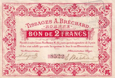 France 2 Francs - Tissage A. Bréchard - Roanne - 1914 - P.42-51