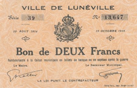 France 2 Francs - Ville de Lunéville - 1916 - P.54-76