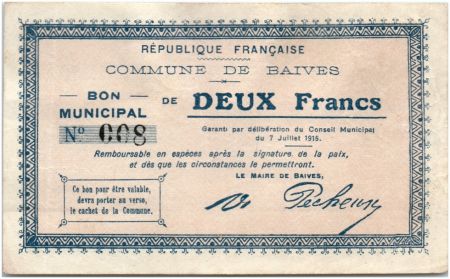 France 2 Francs Baives Commune - 1915