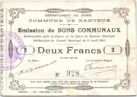 France 2 Francs Banteux Commune - 1915