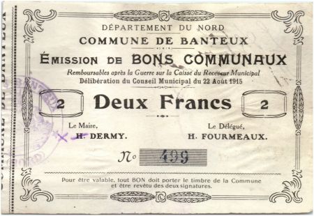 France 2 Francs Banteux Commune - 1915
