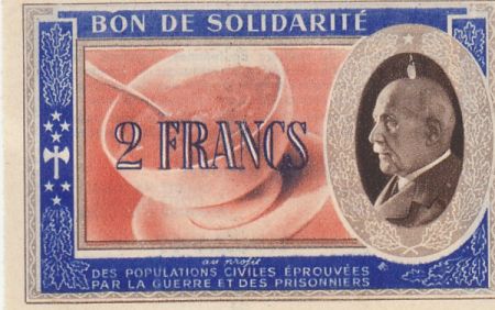 France 2 Francs Bon de Solidarité - Pétain - Bol de Soupe 1941-1942 - Série 1.032.947