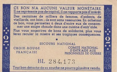 France 2 Francs Bon de Solidarité - Pétain - Bol de Soupe 1941-1942 - Série BL