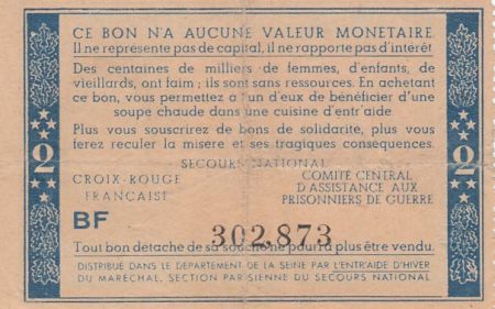 France 2 Francs Bon de Solidarité Pétain - Bol de Soupe 1941-1942 - VF - Série BF