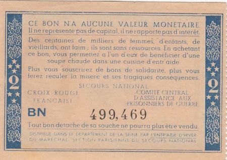France 2 Francs Bon de Solidarité Pétain - Bol de Soupe 1941-1942 - VF - Série BN