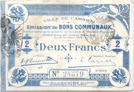 France 2 Francs Cambrai Commune - 1914