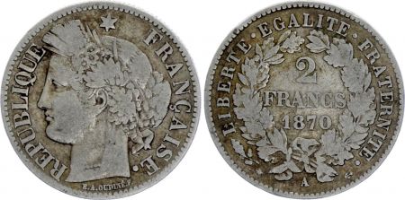 France 2 Francs Cérès - 1870 Grand A Paris - TB + - Argent