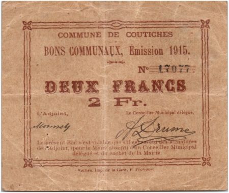 France 2 Francs Coutiches Commune - 1915