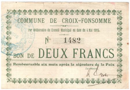 France 2 Francs Croix-Fonsomme Commune - 1915