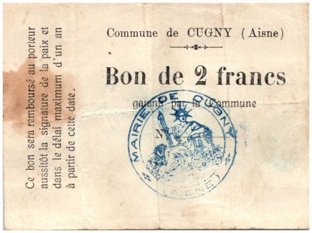 France 2 Francs Cugny Commune - 24/07/1915