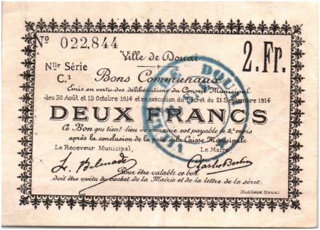 France 2 Francs Douai Commune - 1914