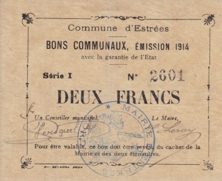 France 2 Francs Estrée Commune - 1914