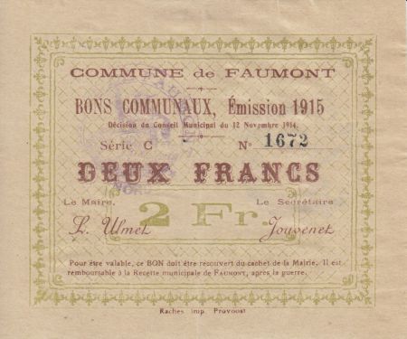 France 2 Francs Faumont Commune - 1915
