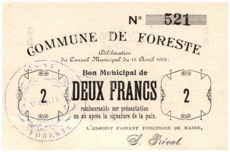France 2 Francs Foreste Commune - 15/04/1915