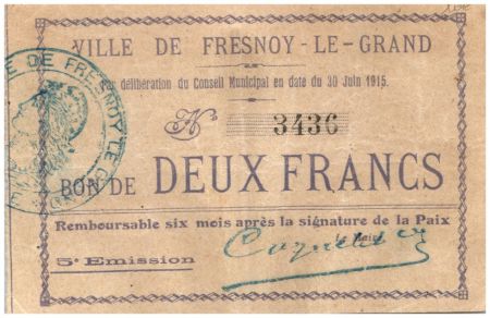 France 2 Francs Fresnoy-Le-Grand Ville - 30/06/1915