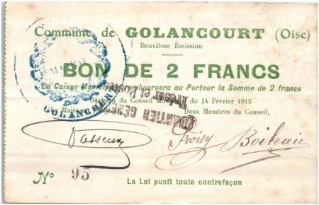 France 2 Francs Golancourt Commune - 1915