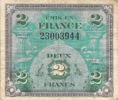 France 2 Francs Impr. américaine (drapeau) - 1944 Sans Série - TB+