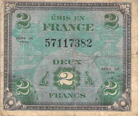 France 2 Francs Impr. américaine (drapeau) - 1944 Sans Série - TB