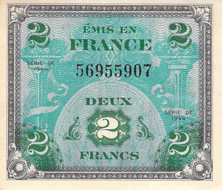 France 2 Francs Impr. américaine (drapeau) - 1944 Sans Série - TTB+