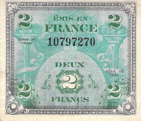 France 2 Francs Impr. américaine (drapeau) - 1944 Sans Série - TTB