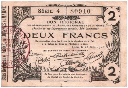 France 2 Francs Laon Régional - 1916