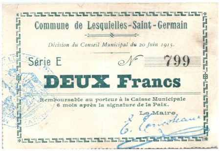 France 2 Francs Lesquielles-Saint-Germain Commune - Série E - 1915