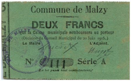 France 2 Francs Malzy Commune - Série A - 1915