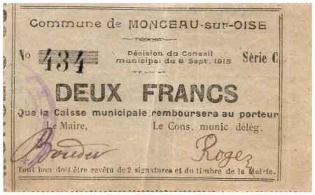 France 2 Francs Monceau-Sur-Oise Commune - N434 - 1915