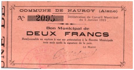 France 2 Francs Nauroy Commune - 05/01/1915