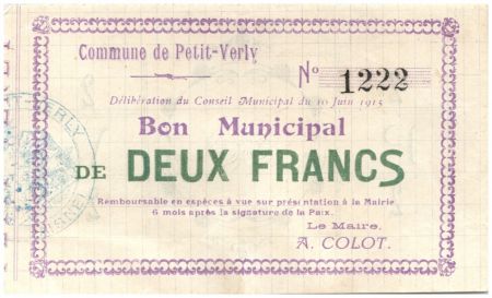 France 2 Francs Petit-Verly Bon Municipal - N1222 - 1915