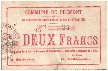 France 2 Francs Premont Commune - 3ème émission N27 - 1915