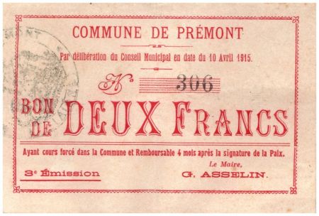 France 2 Francs Premont Commune - 3ème émission N306 - 1915
