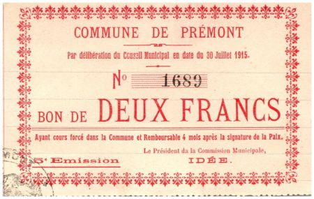 France 2 Francs Premont Commune - 5ème émission N1689 - 1915