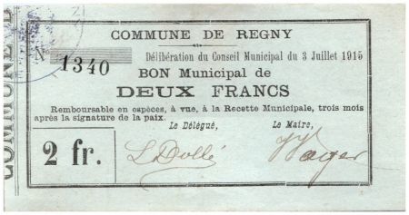 France 2 Francs Regny Commune - N1340 - 1915