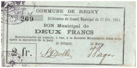 France 2 Francs Regny Commune - N269 - 1915