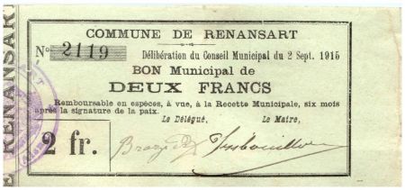 France 2 Francs Renansart Commune - N2119 - 1915