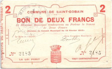France 2 Francs Saint-Gobain Commune - 1915