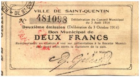 France 2 Francs Saint-Quentin Commune - 03/08/1914